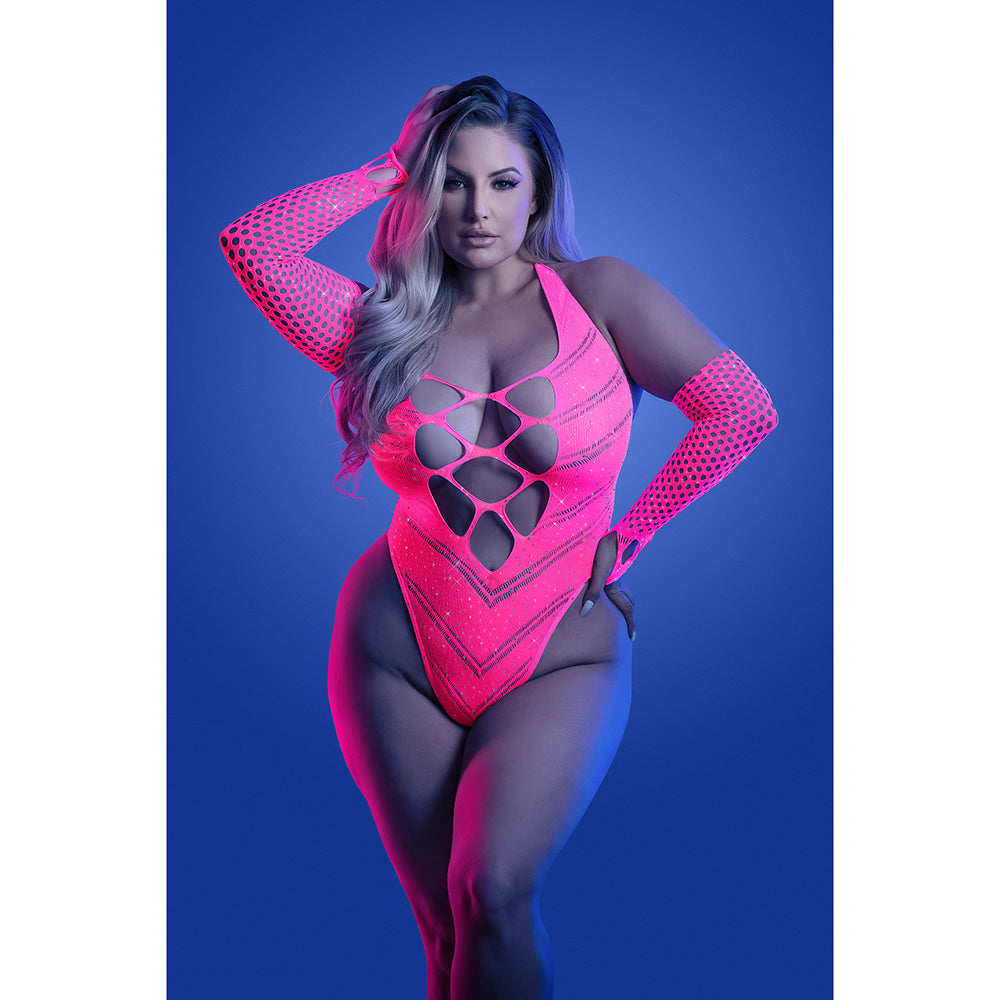 Fantasy Lingerie Glow Flashback UV Reactive Fishnet Teddy