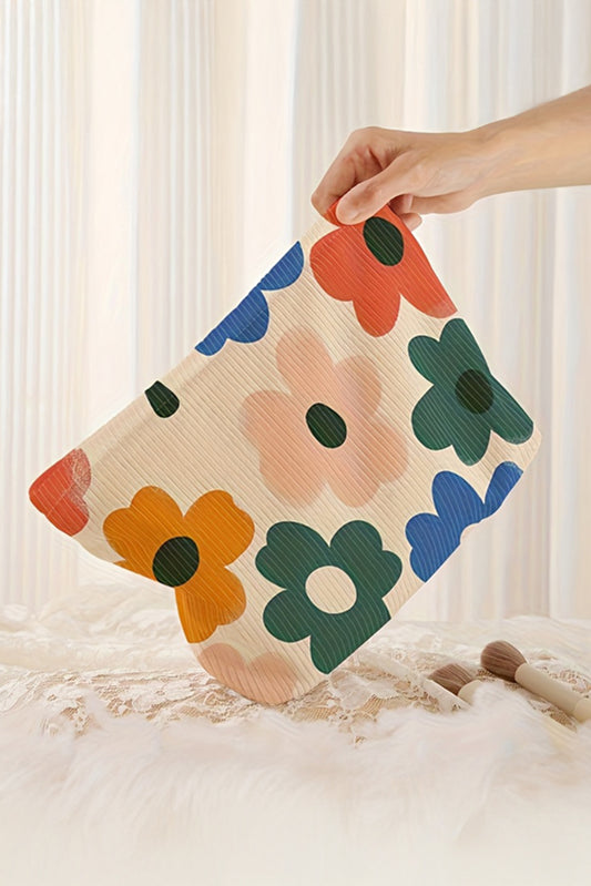 White Floral Print Corduroy Minimalist Storage Bag