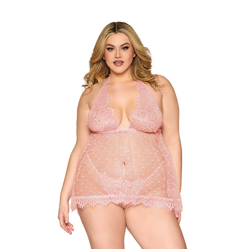 Dreamgirl Lace and Polka Dot Mesh Babydoll Rose Quartz