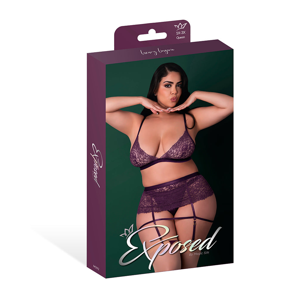Magic Silk Leather & Lace Bralette, Garter Skirt & Thong Set Plum