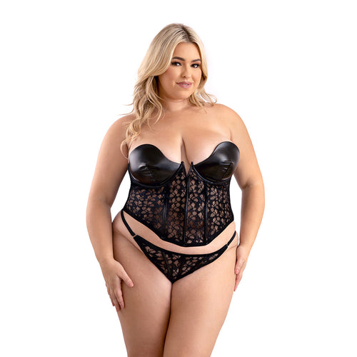 Fantasy Lingerie Leather Look Lace Underwire Corset Set