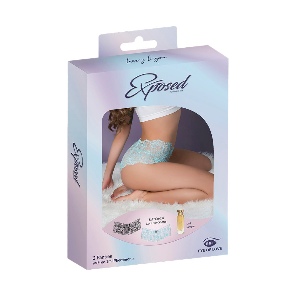 Magic Silk Pheromone Panties Split Crotch Lace Boy Short 2-Pack Aqua/Black