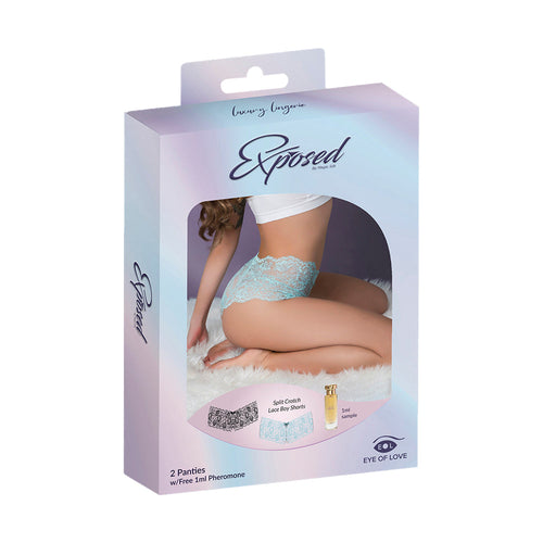 Magic Silk Pheromone Panties Split Crotch Lace Boy Short 2-Pack Aqua/Black