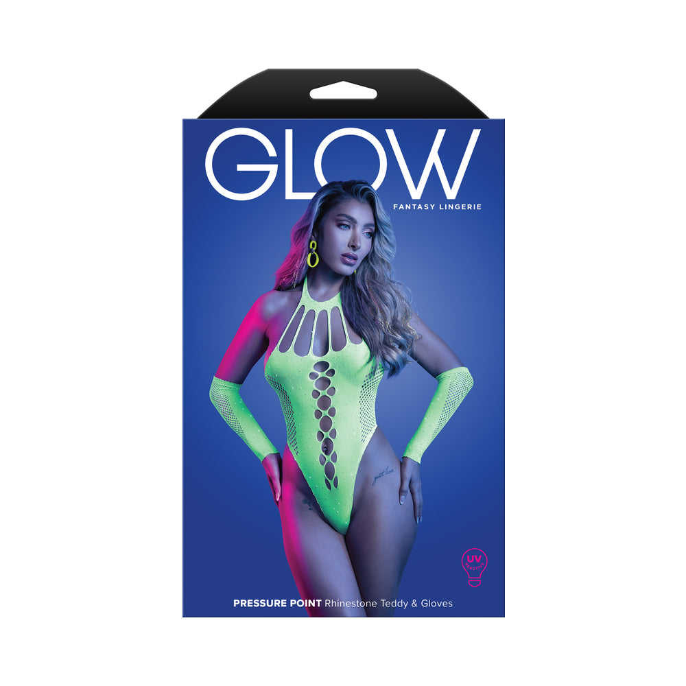 Fantasy Lingerie Glow UV Reactive Rhinestone Teddy & Gloves