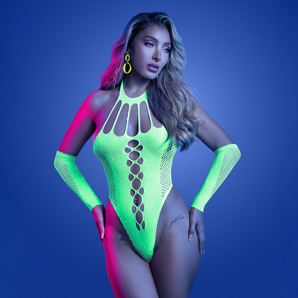 Fantasy Lingerie Glow UV Reactive Rhinestone Teddy & Gloves