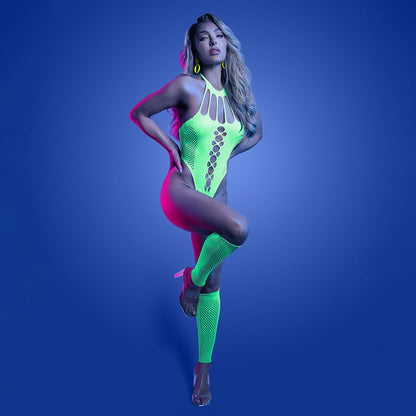 Fantasy Lingerie Glow UV Reactive Rhinestone Teddy & Gloves