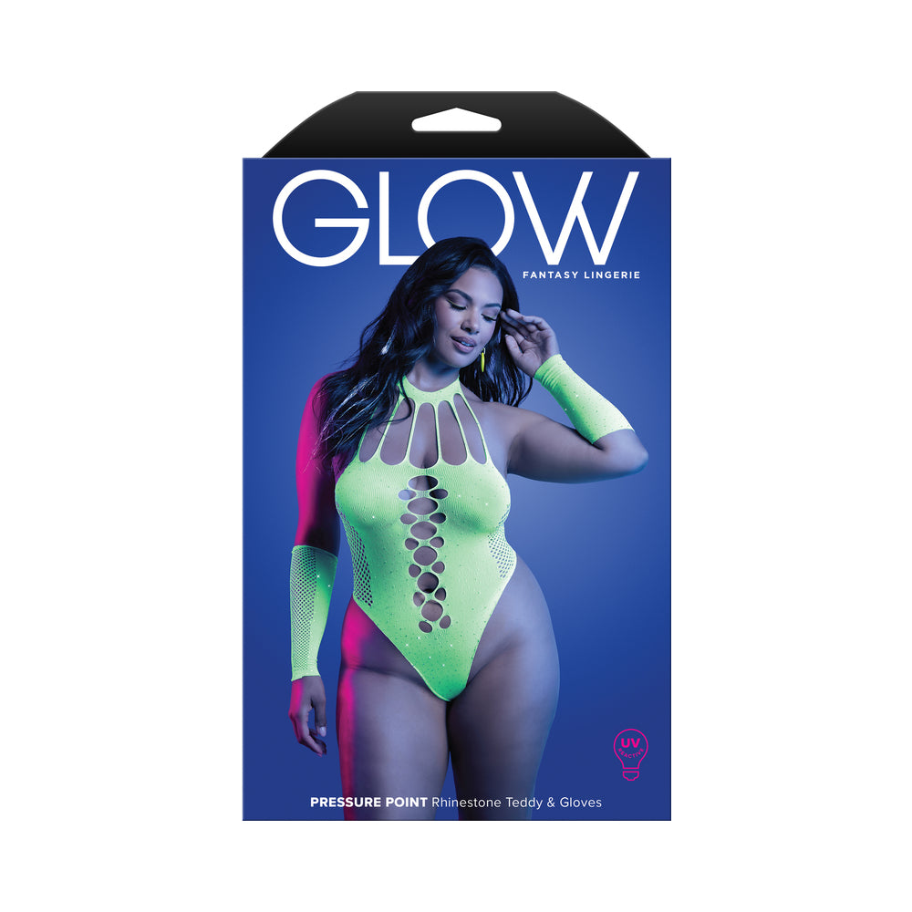 Fantasy Lingerie Glow UV Reactive Rhinestone Teddy & Gloves