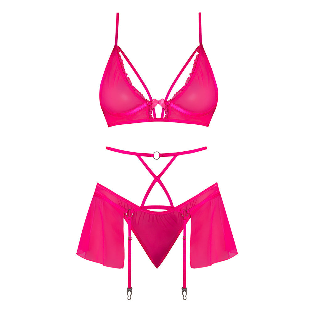 Magic Silk Pink Kink Bralette, High Leg Panty & Garter Skirt Set Pink Glow