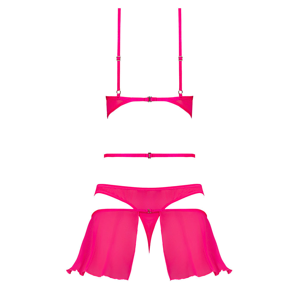 Magic Silk Pink Kink Bralette, High Leg Panty & Garter Skirt Set Pink Glow