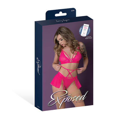 Magic Silk Pink Kink Bralette, High Leg Panty & Garter Skirt Set Pink Glow