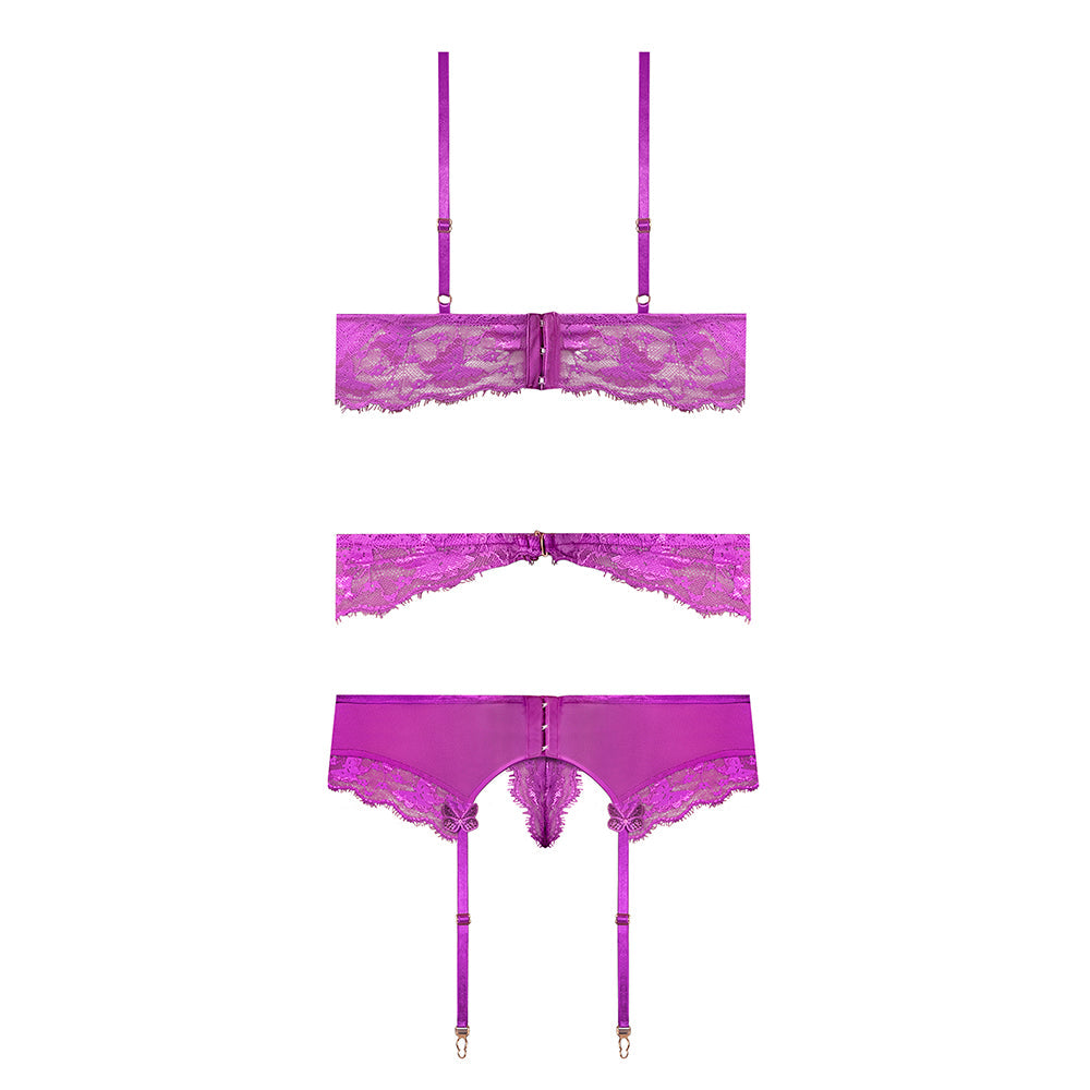 Magic Silk Butterfly Fantasies Bra, Garter & Thong Set Neon Purple