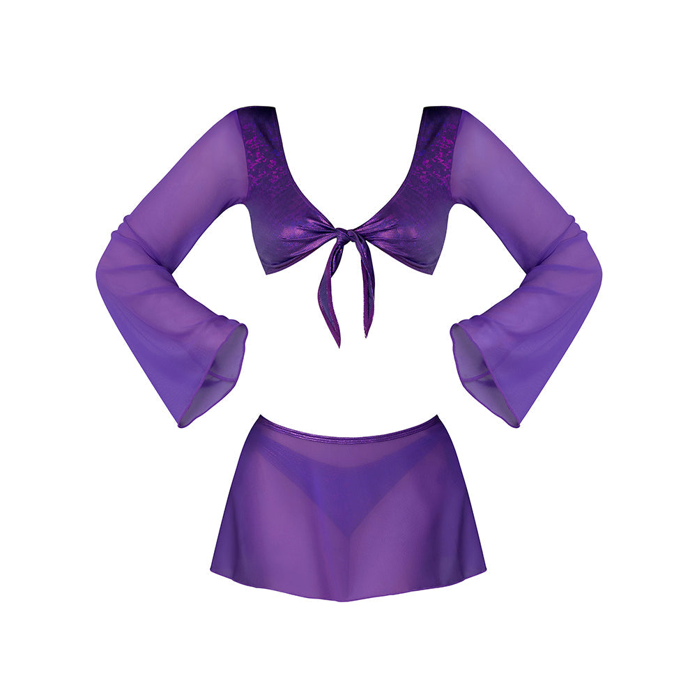 Magic Silk Glimmer LS Crop Top, Mini Skirt & Tie Side Thong Purple Disco