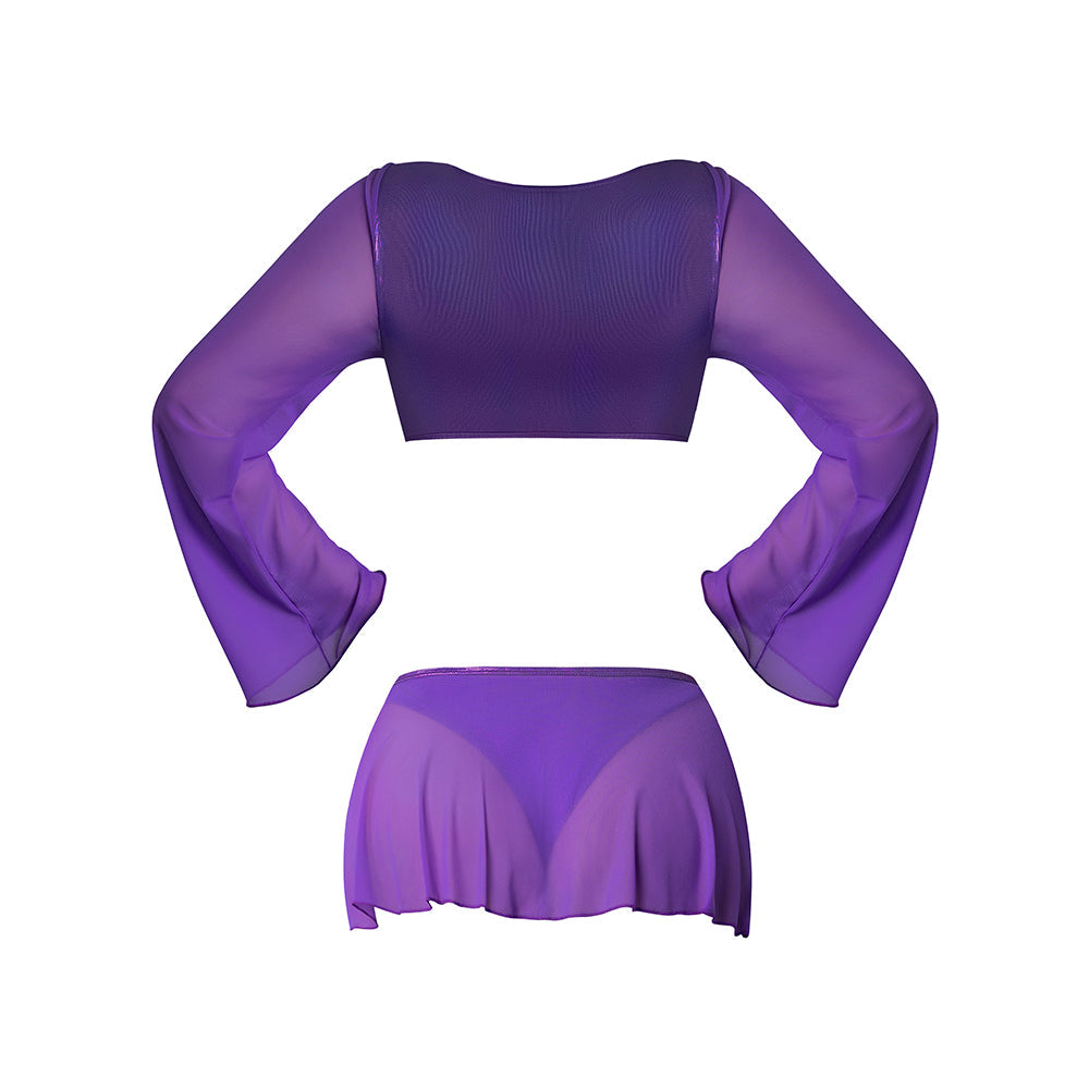 Magic Silk Glimmer LS Crop Top, Mini Skirt & Tie Side Thong Purple Disco