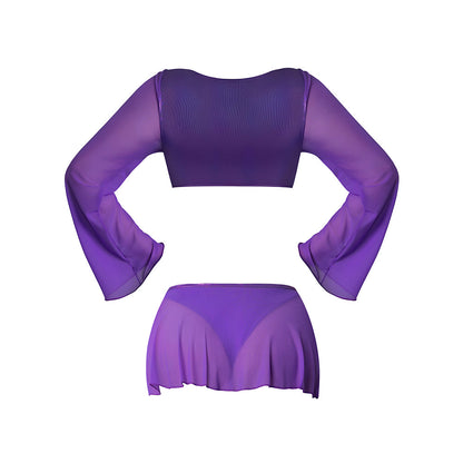 Magic Silk Glimmer LS Crop Top, Mini Skirt & Tie Side Thong Purple Disco