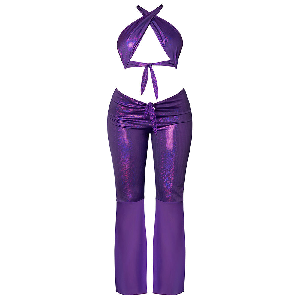 Magic Silk Glimmer Wrap Halter & Flair Pant Set Purple Disco