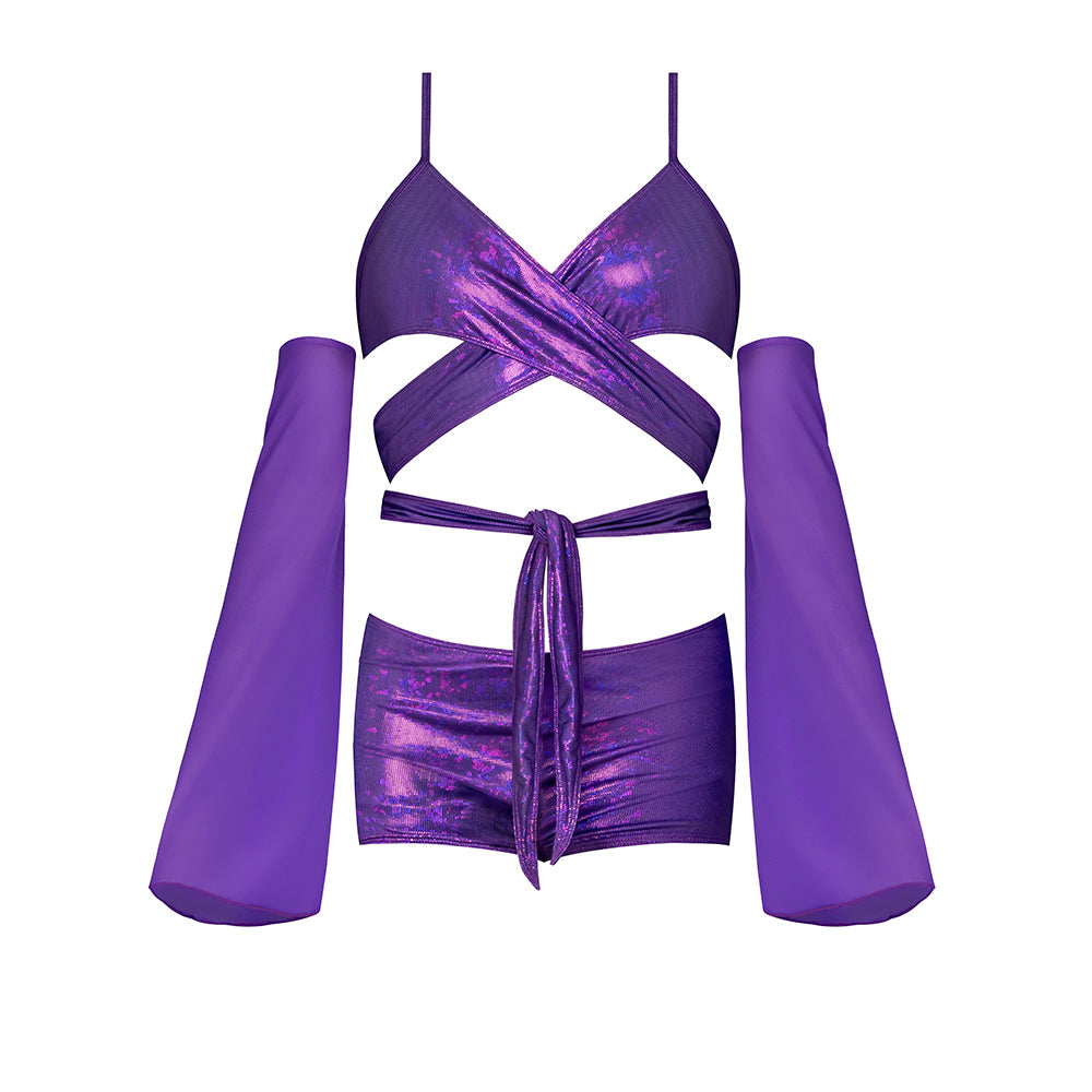 Magic Silk Glimmer Wrap Bralette, Booty Shorts & Sleeve Set Purple Disco