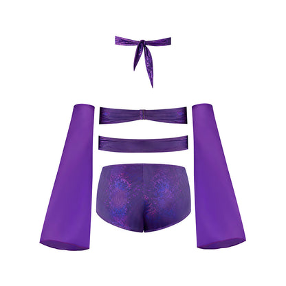 Magic Silk Glimmer Wrap Bralette, Booty Shorts & Sleeve Set Purple Disco