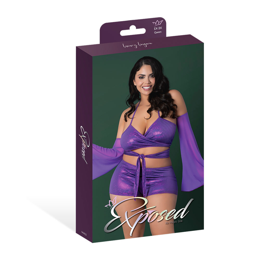 Magic Silk Glimmer Wrap Bralette, Booty Shorts & Sleeve Set Purple Disco