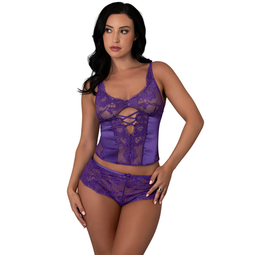Magic Silk Satin Petals Bustier & Boy Short Set Purple